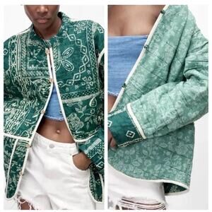 Zara Reversible Quilted Coat Size Small Green Paisley Bandana Jacket OVERSIZED